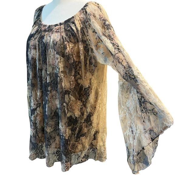 Floral Lace Burnout Top Cream Black Bell Sleeve Witchy Goth Romantic Size 2X - Picture 1 of 15